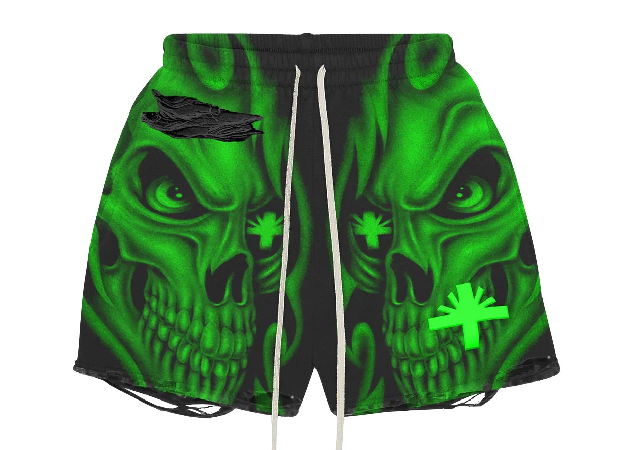 Vertabrae Skull Storm Distressed Shorts Green
